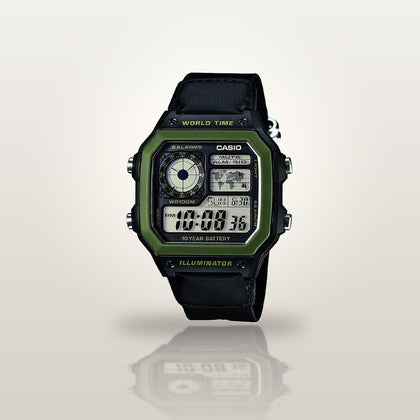 Reloj Hombre CASIO AE-1200WHB-1BVDF Digital Hora Mundial, Bisel Verde, Correa de Tela - imagen 2