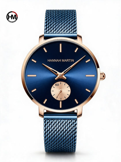 Reloj mujer HANNAH MARTIN GRACE Blue con esfera azul sunray, caja oro rosa y malla milanesa azul, vista frontal