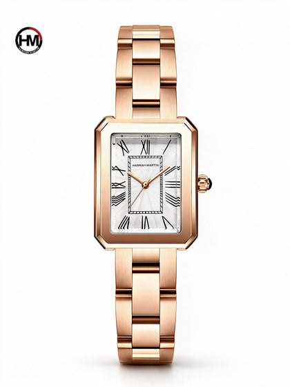 Reloj mujer HANNAH MARTIN LUPE oro rosa, caja rectangular con esquinas biseladas, esfera blanca con índices romanos y brazalete de acero, vista frontal