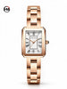 Reloj mujer HANNAH MARTIN LUPE oro rosa, caja rectangular con esquinas biseladas, esfera blanca con índices romanos y brazalete de acero, vista frontal