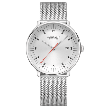 Reloj Mondaine Doppio 41 mm acero pulido malla milanesa MLE.41210.SM - vista frontal