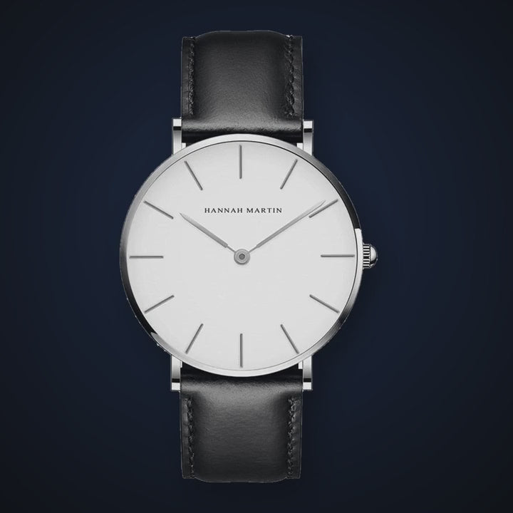 Video de detalle del reloj Hannah Martin Nomita Blanco Cuero Negro